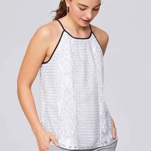 Loft M White Cream Mixed Lace Tie Back Halter Cami Tank Top Ivory Womens Size XS - Picture 1 of 7